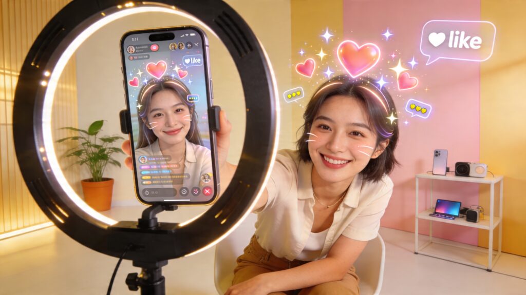 Content creator using AR filters while recording social media content.