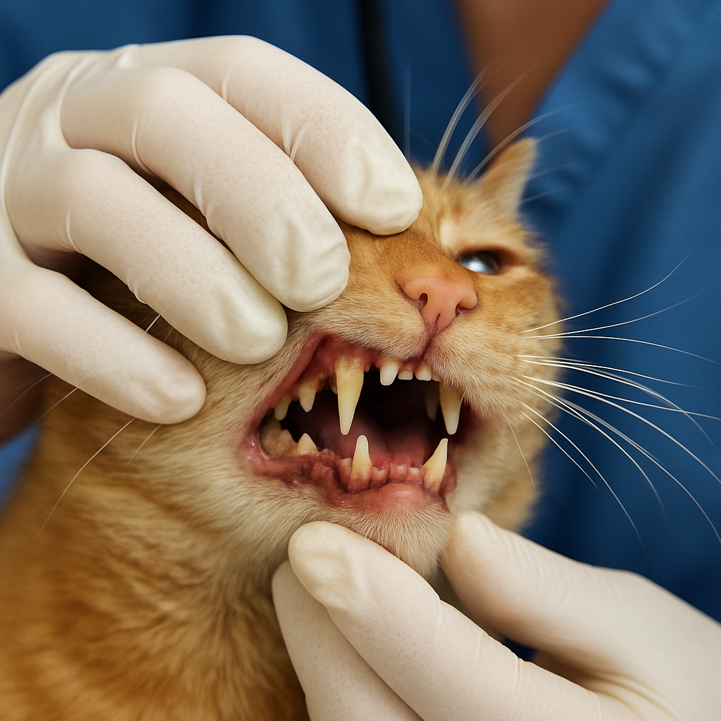 Cat Dental Care - Close up of a veterinarian examining a cat's gums and teeth to check for signs of periodontal disease