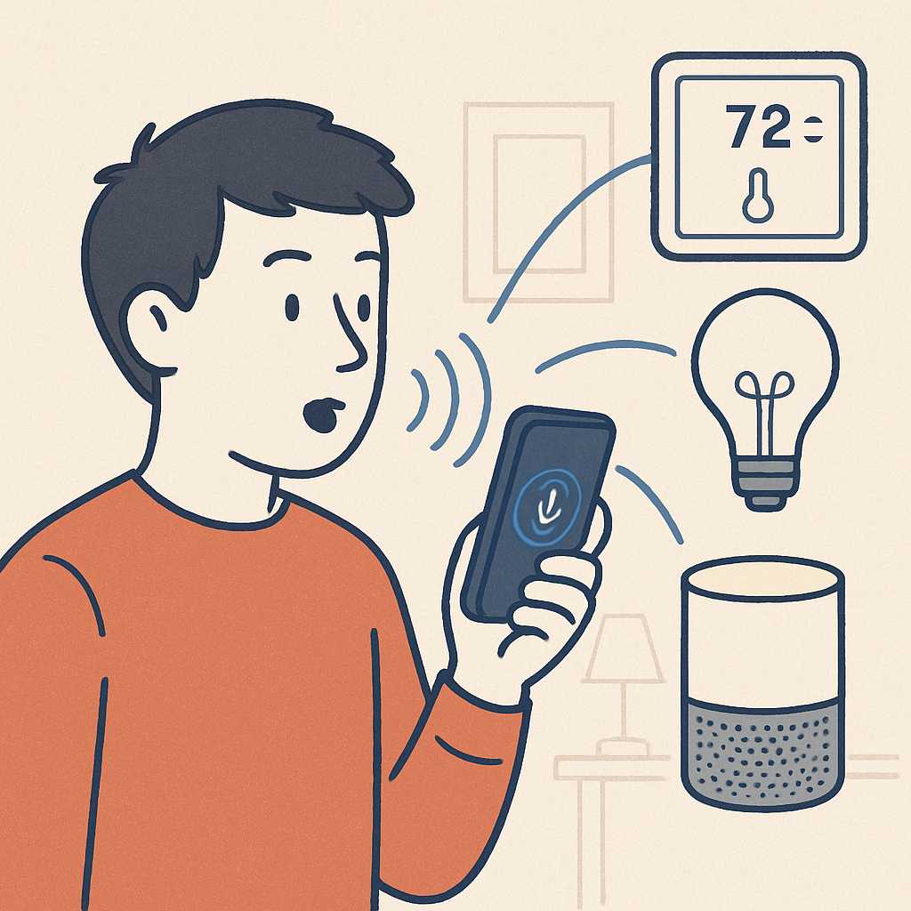 A person using voice commands on a futuristic smartphone connected to smart home devices