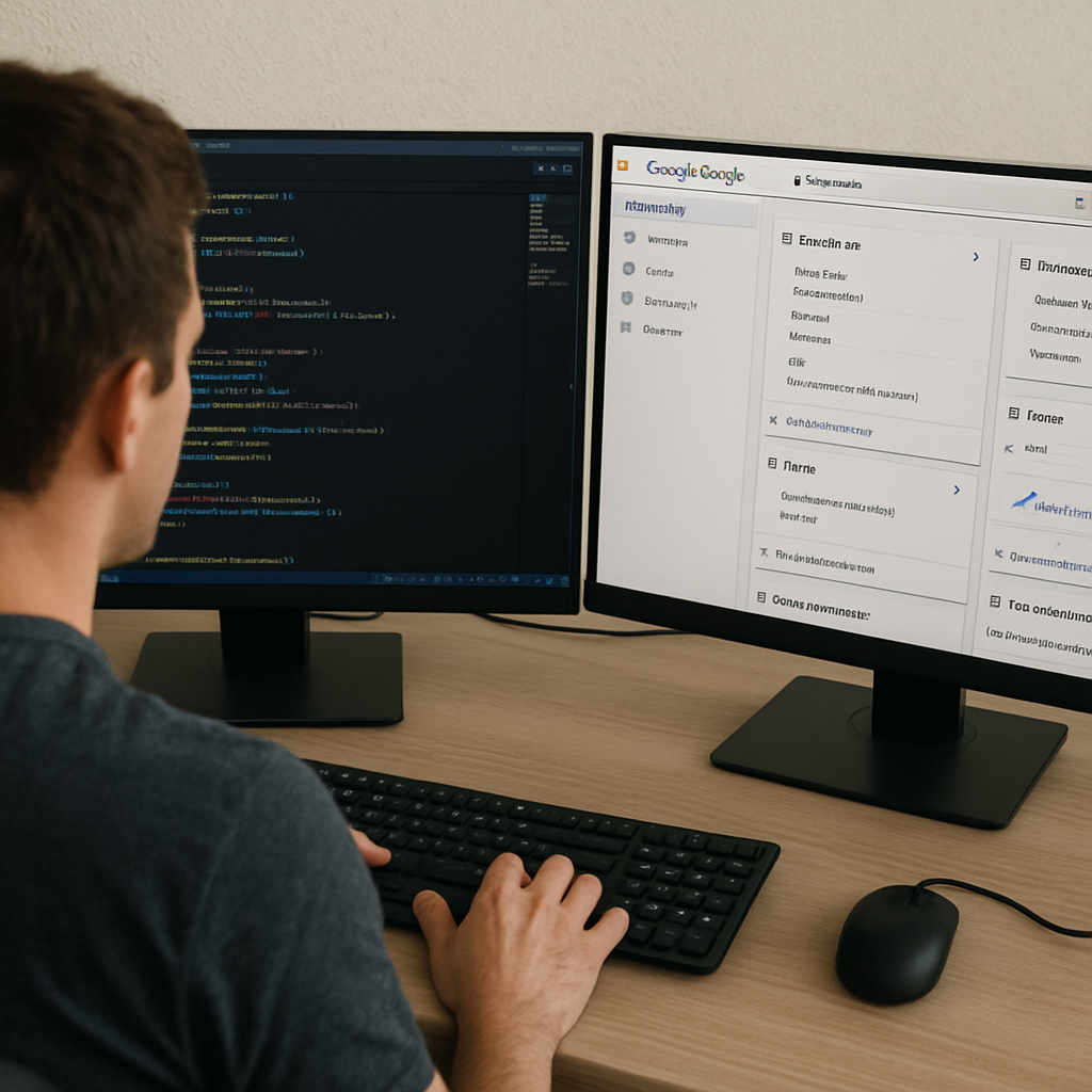 A developer working on dual monitors displaying code and the Google Cloud console