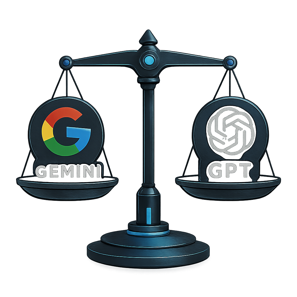 A futuristic scale balancing the Google Gemini logo and the OpenAI GPT logo